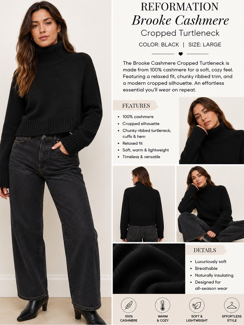 Reformation Brooke Cashmere Cropped Turtleneck Sweater Black Size Large S4